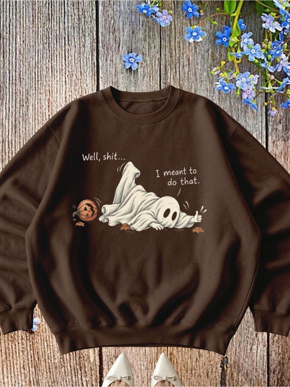Gildan Brown Boo Ghost “Well, Shit”Halloween Graphic Sweatshirt